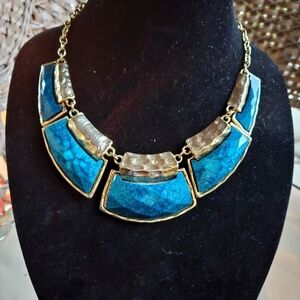 Hammered Sea Blue Enamel and Gold-tone Panel Collar Necklace